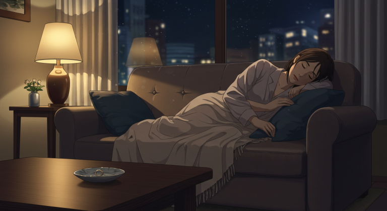 人妻が夫のいない時間にソファーで寝ている画像テーブルには結婚指輪が