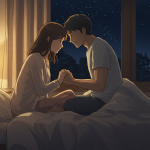 カップルがベットで抱き合っている