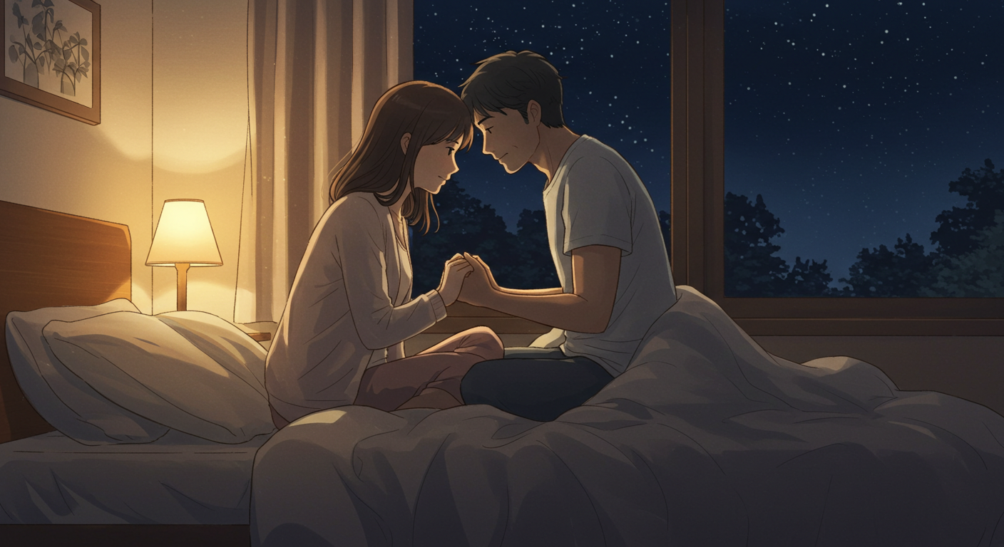カップルがベットで抱き合っている