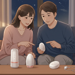 カップルが2つのアダルトグッズのどちらがいいかを考えている様子