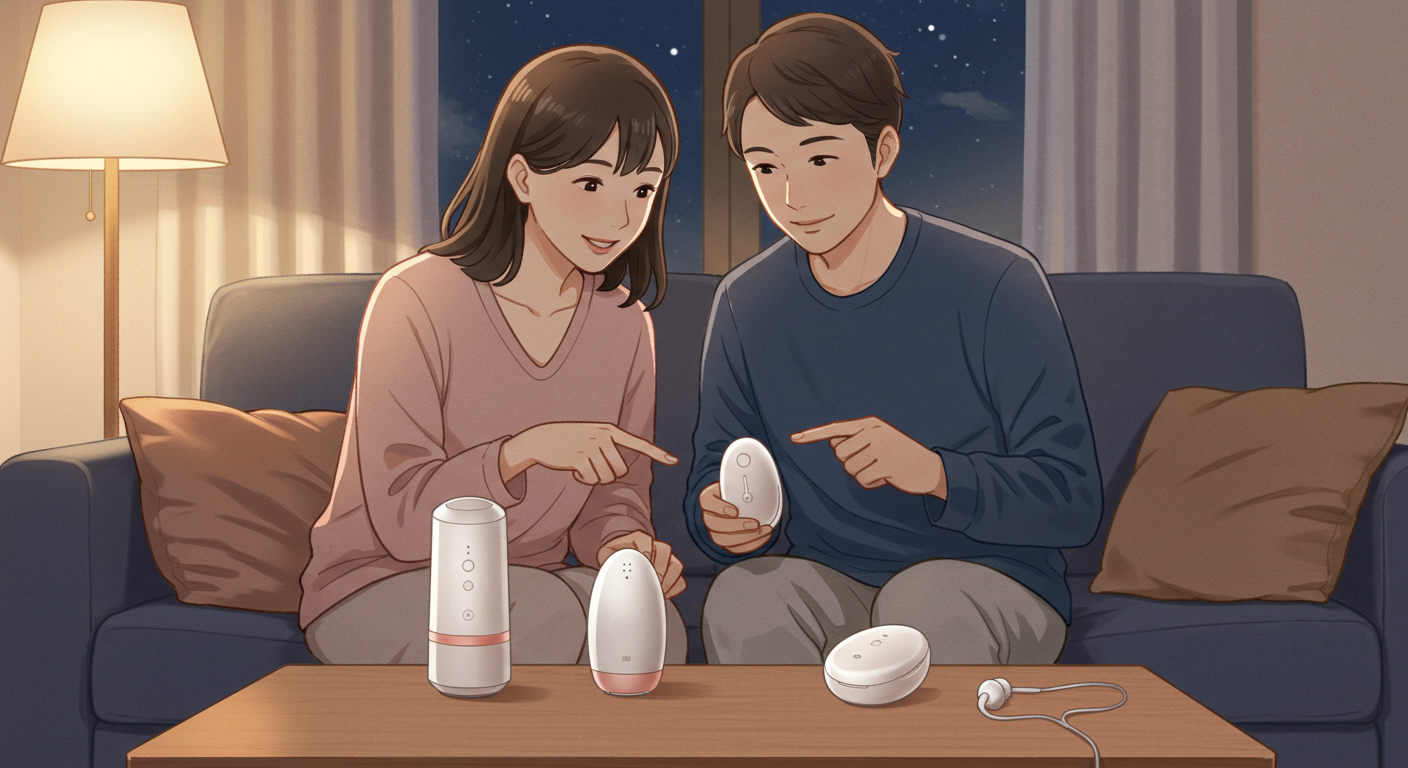 カップルが2つのアダルトグッズのどちらがいいかを考えている様子