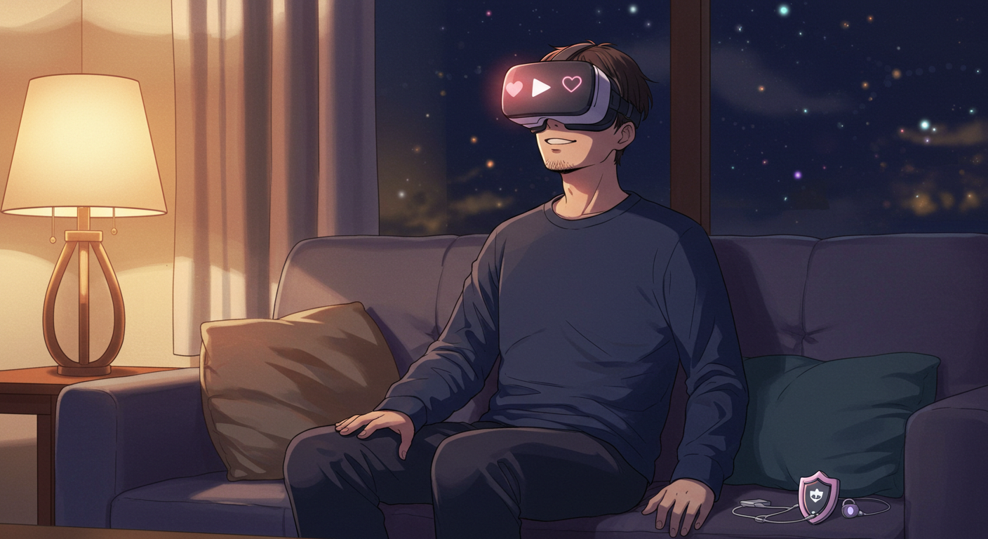 リビングでVRゴーグルをつけた男性が、驚きや感動の表情を浮かべている