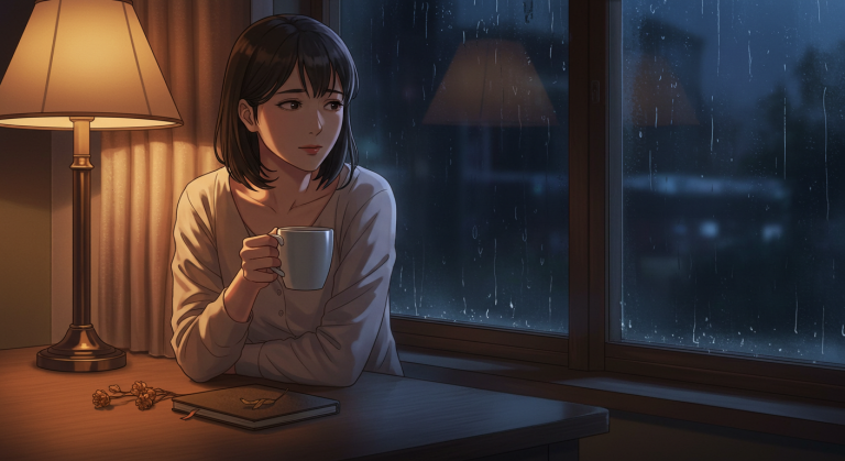 情緒的でストーリー性を感じさせる、女性が物憂げな表情を浮かべているような